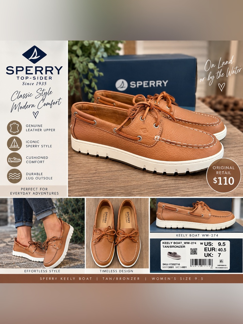 Sperry Keely Boat Shoes Tan Bronzer Leather Women’s 9.5 NIB Chunky Lug Sole